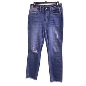 M45 Judy Blue Womens Mid Rise Boyfriend Fit Medium Wash Jeans Size 5/27 Raw Hem